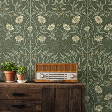 NextWall Stenciled Floral Peel and Stick Wallpaper (Evergreen)