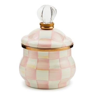 MACKENZIE-CHILDS Enamel Lidded Sugar Bowl, Small Serving Bowl with Lid, 10-Ounce Capacity, Pink-and-...