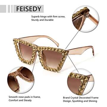 FEISEDY Women Crystal Square Cat Eye Sunglasses Sparkling Trendy Retro Cateye Sunglasses B2898