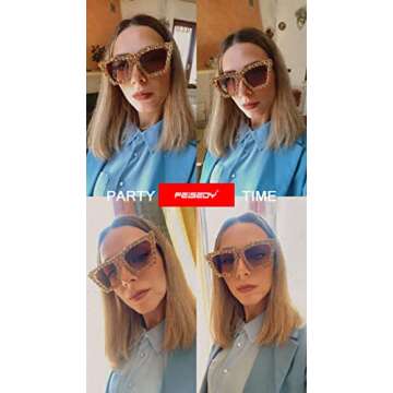 FEISEDY Women Crystal Square Cat Eye Sunglasses Sparkling Trendy Retro Cateye Sunglasses B2898