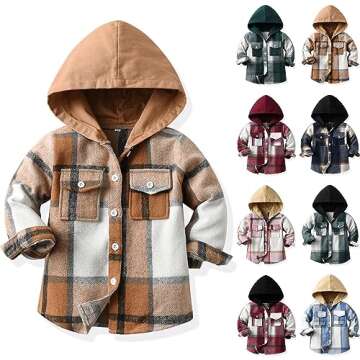 Toddler Kids Plaid Shacket Jacket Boys Girls Flannel Shirts Long Sleeve Button Down Hooded Jackets Warm (A, 3-6 Months)