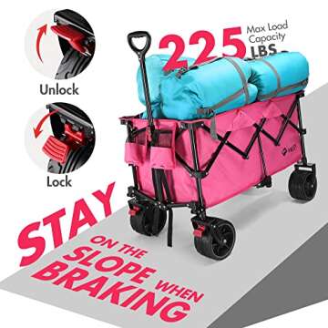 VILLEY Collapsible Folding Wagon with Big Wheels, Enlarged 225lbs Capacity, All Terrain Wagons Carts Heavy Duty Foldable, Portable Utility Garden Cart with 2 Cup Holders and Brake, Pink