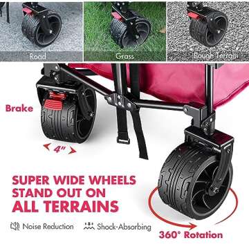 VILLEY Collapsible Folding Wagon with Big Wheels, Enlarged 225lbs Capacity, All Terrain Wagons Carts Heavy Duty Foldable, Portable Utility Garden Cart with 2 Cup Holders and Brake, Pink