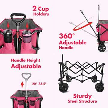 VILLEY Collapsible Folding Wagon with Big Wheels, Enlarged 225lbs Capacity, All Terrain Wagons Carts Heavy Duty Foldable, Portable Utility Garden Cart with 2 Cup Holders and Brake, Pink