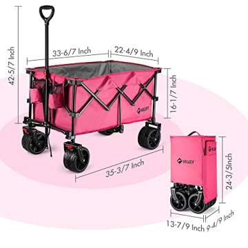 VILLEY Collapsible Folding Wagon with Big Wheels, Enlarged 225lbs Capacity, All Terrain Wagons Carts Heavy Duty Foldable, Portable Utility Garden Cart with 2 Cup Holders and Brake, Pink