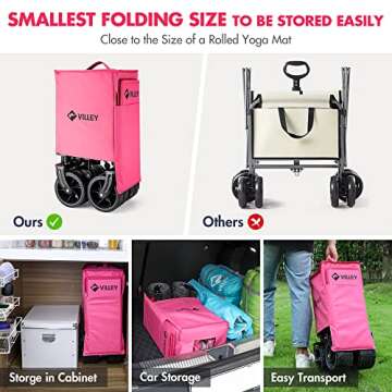 VILLEY Collapsible Folding Wagon with Big Wheels, Enlarged 225lbs Capacity, All Terrain Wagons Carts Heavy Duty Foldable, Portable Utility Garden Cart with 2 Cup Holders and Brake, Pink