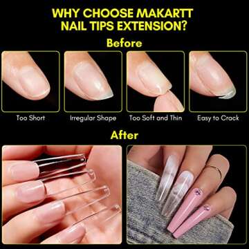 Makartt 500Pcs Soft Gel Full Cover Tips Clear XXL Coffin Nail Tips, Soak Off Nail Extensions Kit Clear Extra Long Fake Nails No Crease Acrylic False Nails Tips 12 Sizes for Nail Salon DIY Nail Art