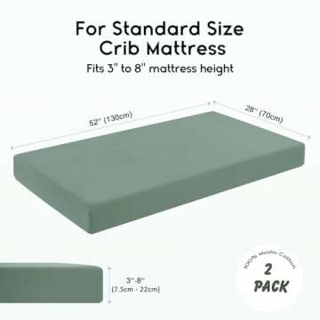 Yoofoss Muslin Crib Sheets for Boys Girls 100% Cotton Fitted Baby Crib Sheet 2 Pack Soft and Breathable for Standard Crib Mattress & Toddler Mattress 52"x28" Leaves&Green