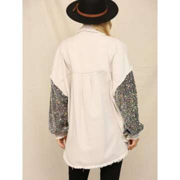 Joiemont Womens Color Block Oversize Twill and Sequin Shacket Sparkle Long Sleeve Casual Denim Jacke...