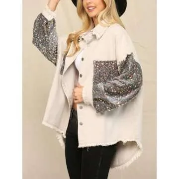 Joiemont Womens Color Block Oversize Twill and Sequin Shacket Sparkle Long Sleeve Casual Denim Jacket(0181-Grey-M)