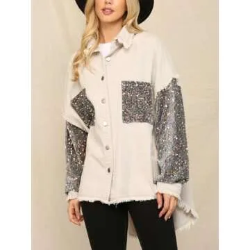 Joiemont Womens Color Block Oversize Twill and Sequin Shacket Sparkle Long Sleeve Casual Denim Jacket(0181-Grey-M)
