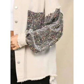 Joiemont Womens Color Block Oversize Twill and Sequin Shacket Sparkle Long Sleeve Casual Denim Jacket(0181-Grey-M)