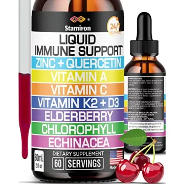 Zinc Quercetin Vitamin C D3 Liquid Immune Support with Vitamin A K2 Echinacea Chlorophyll and Elderb...