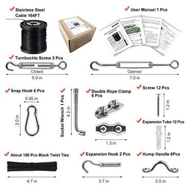 String Lights Hanging Kit,Globe String Lights Suspension Kit,Outdoor Light Guide Wire,Includ 164 FT Nylon-Coated Stainless Steel Wire Rope Cable,Turnbuckle and Hooks,Enough Accessories,Use Manual