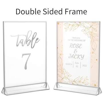 NIUBEE 6Pack 4x6 Clear Acrylic Sign Holder with Sliver Borders and Vertical Stand, Double Sided Table Menu Holders Picture Frames for Wedding Table Numbers, Restaurant Signs, Photos and Art Display