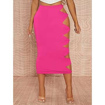 Floerns Women's Cut Out High Waist Knit Side Bodycon Pencil Long Skirt Hot Pink S