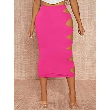 Floerns Women's Cut Out High Waist Knit Side Bodycon Pencil Long Skirt Hot Pink S