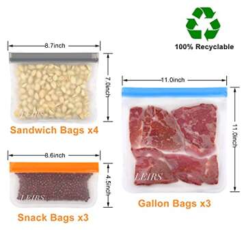 Dishwasher Safe Reusable Storage Bags 10 Pack, Reusable Freezer Bags, Extra Thick Reusable Lunch Bags Leakproof Silicone & BPA Free for Food Marinate Meat, Fruit Cereal, Sandwich, Snack