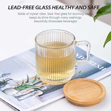 Leadiy Transparent Glass Coffee Mug with Lid, Clear Glass Coffee Cups, Classical Vertical Stripes Coffee Mugs for Latte Juice Tea 12.5 Ounces
