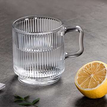 Leadiy Transparent Glass Coffee Mug with Lid, Clear Glass Coffee Cups, Classical Vertical Stripes Coffee Mugs for Latte Juice Tea 12.5 Ounces