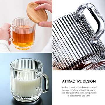 Leadiy Transparent Glass Coffee Mug with Lid, Clear Glass Coffee Cups, Classical Vertical Stripes Coffee Mugs for Latte Juice Tea 12.5 Ounces