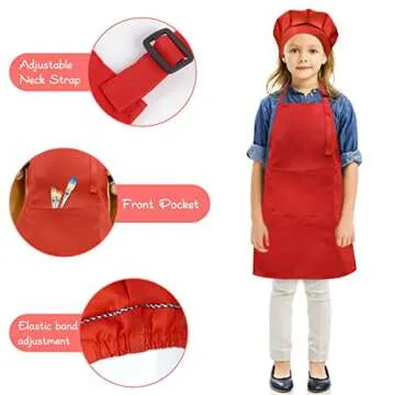 SUNLAND Kids Apron And Hat Set Children Chef Apron For Cooking Baking Painting (Red, S)