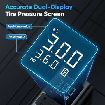 Tire Inflator Portable Air Compressor - 150PSI & 10000mAh Cordless Air Pump with Digital Tire Pressure Gauge, Accurate Dual LCD Display & LED Light, for Car/Motorcycle/E-Bike/Ball