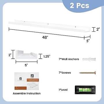 Picture Ledge Shelf for Wall, 48 inch Solid Pine Wood Nursery Book Shelves 2 Packs, Floating Ledge Shelves for Kids' Room Bedroom Bathroom Living Room Photo Frames Office Nursey Wall Decor, White