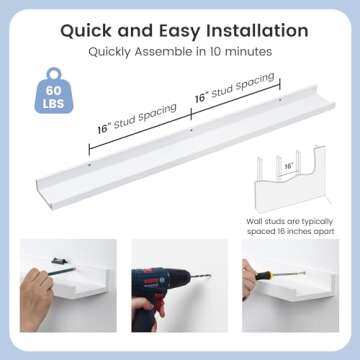 Picture Ledge Shelf for Wall, 48 inch Solid Pine Wood Nursery Book Shelves 2 Packs, Floating Ledge Shelves for Kids' Room Bedroom Bathroom Living Room Photo Frames Office Nursey Wall Decor, White