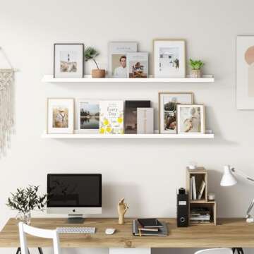 Picture Ledge Shelf for Wall, 48 inch Solid Pine Wood Nursery Book Shelves 2 Packs, Floating Ledge Shelves for Kids' Room Bedroom Bathroom Living Room Photo Frames Office Nursey Wall Decor, White