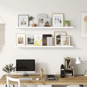 Picture Ledge Shelf for Wall, 48 inch Solid Pine Wood Nursery Book Shelves 2 Packs, Floating Ledge Shelves for Kids' Room Bedroom Bathroom Living Room Photo Frames Office Nursey Wall Decor, White