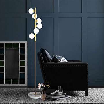 Hsyile Lighting KU300205 White Glass Shade and Marble Base Elegant Modern Creative Floor Lamp for Living Room,Bedroom,Office,6 Lights