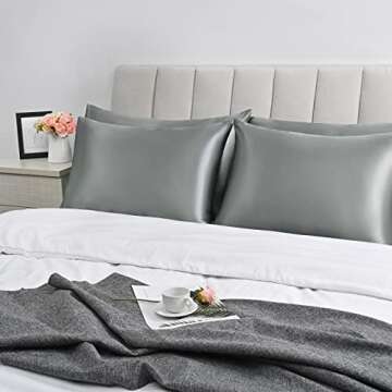 Satin Pillowcase for Hair and Skin, Set of 2 Dark Grey Silk Pillowcase Queen Satin Pillowcase with Envelope Closure(Dark Grey,20x30 inches)