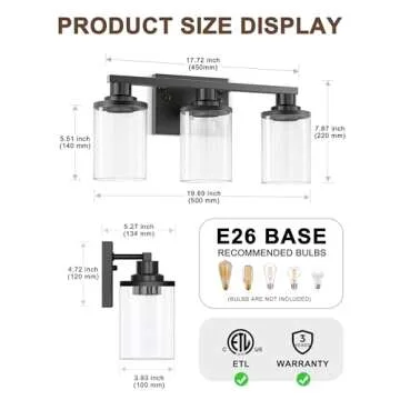 DORESshop 20 Inch Bathroom Light Fixtures, 3-Light Black Bathroom Lighting Fixtures Over Mirror with Clear Glass Shade, Vanity Lights for Bathroom Living Room Bedroom, ETL Listed