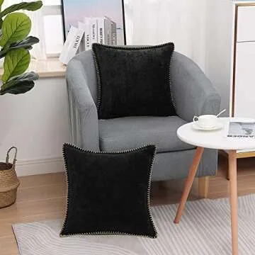 decorUhome Chenille Soft Throw Pillow Covers 20x20 Set of 2, Farmhouse Velvet Decorative Pillow Covers with Stitched Edge for Couch Sofa Bed, Black