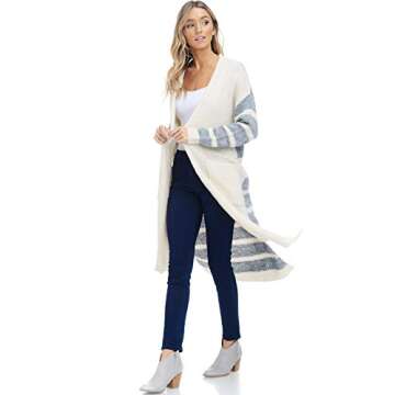 Alexander + David Womens Stripe Contrast Cardigan Sweater - Open Front Duster (Ivory/Grey, Small/Medium)