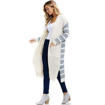 Alexander + David Womens Stripe Contrast Cardigan Sweater - Open Front Duster (Ivory/Grey, Small/Medium)