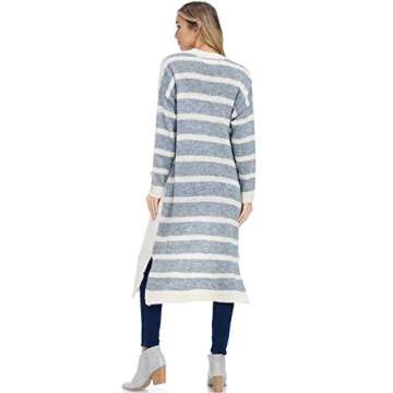 Alexander + David Womens Stripe Contrast Cardigan Sweater - Open Front Duster (Ivory/Grey, Small/Medium)