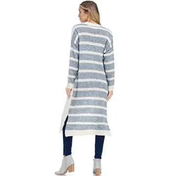 Alexander + David Womens Stripe Contrast Cardigan Sweater - Open Front Duster (Ivory/Grey, Small/Medium)