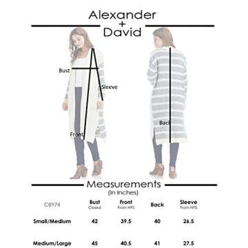Alexander + David Womens Stripe Contrast Cardigan Sweater - Open Front Duster (Ivory/Grey, Small/Medium)