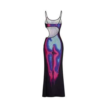 CAPE CLIQUE Thermal Dress for Women Spaghetti Strap Cut Out Waist Split Side Body Print Midi Bodycon Dress Purple Small
