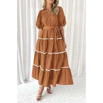PRETTYGARDEN Women's Summer Button Down Shirt Dress Short Puffy Sleeve Tiered Ruffle Flowy Long Maxi Dresses (Brown,Medium)