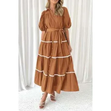 PRETTYGARDEN Women's Summer Button Down Shirt Dress Short Puffy Sleeve Tiered Ruffle Flowy Long Maxi Dresses (Brown,Medium)