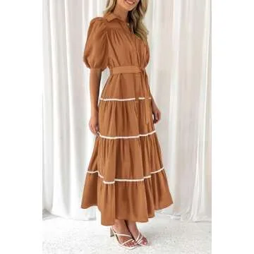 PRETTYGARDEN Women's Summer Button Down Shirt Dress Short Puffy Sleeve Tiered Ruffle Flowy Long Maxi Dresses (Brown,Medium)
