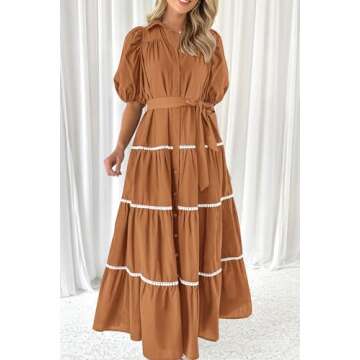 PRETTYGARDEN Women's Summer Button Down Shirt Dress Short Puffy Sleeve Tiered Ruffle Flowy Long Maxi Dresses (Brown,Medium)