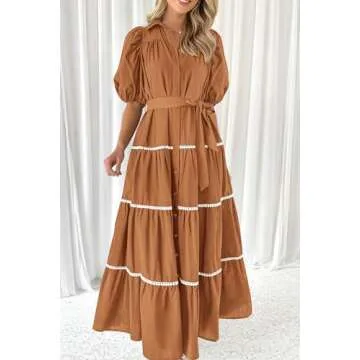 PRETTYGARDEN Women's Summer Button Down Shirt Dress Short Puffy Sleeve Tiered Ruffle Flowy Long Maxi Dresses (Brown,Medium)