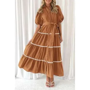 PRETTYGARDEN Women's Summer Button Down Shirt Dress Short Puffy Sleeve Tiered Ruffle Flowy Long Maxi Dresses (Brown,Medium)