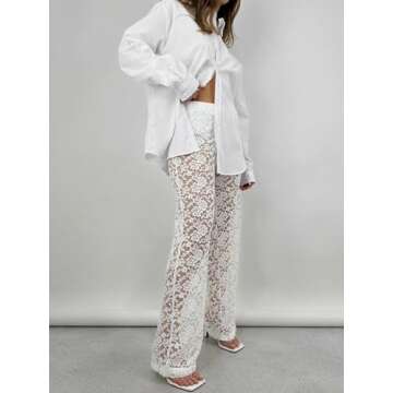 Jianono Women Sexy Sheer Mesh Lace Pants See Through Floral Lace Slim Hollow Out Party Club Clubwear Trouser White S