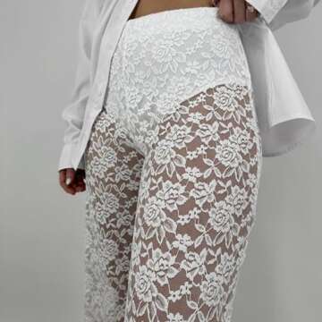 Jianono Women Sexy Sheer Mesh Lace Pants See Through Floral Lace Slim Hollow Out Party Club Clubwear Trouser White S