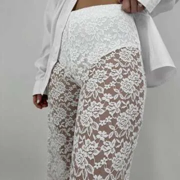 Jianono Women Sexy Sheer Mesh Lace Pants for Parties